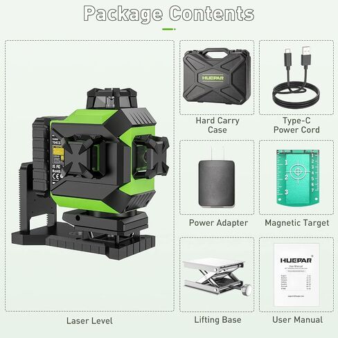 Huepar Laser Level 3 x 360 Self-Leveling Cross Line Laser 3D Green Laser Level with Pulse Mode Alignment Laser Tool with Rechargeable Li-ion Battery, Integrated Magnetic Bracket, Hard Carry Case 703CG in Saudi Arabia
