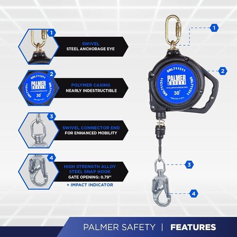 SRD 30 FT. Self Retracting Lifeline I ANSI Z359.14-2021 Class 1 I SRL Device Swivel Top Galvanized Cable w/Small Steel Snap Hook I Fall Arrest Safety Yoyo | SRL Device, Swivel Top Galvanized Steel Wire Rope & Steel Snap Hook, Fall Arrest Safety Yoyo, Fall in Kuwait