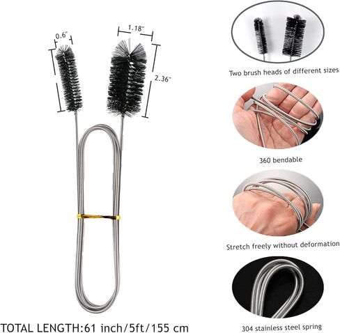 11 قطعة من فرشاة تنظيف القش الطويلة وفرشاة الصرف المرنة وفرش التنظيف المنزلية، مجموعة منظفات الأنابيب 61 بوصة/5 قدم فرشاة خرطوم مزدوجة الأطراف من الفولاذ المقاوم للصدأ وفرش تنظيف أنبوب نايلون 7.8 بوصة in Kuwait