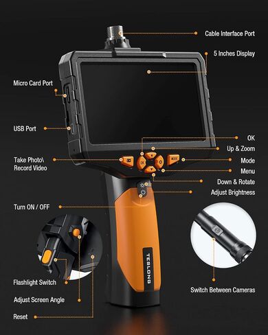 Teslong Inspection Camera, Dual Lens Endoscope Camera with Light 5" IPS Screen Digital Industrial Borescope,1080P Endoscope Waterproof Flexible Probe Borescope Camera with Light(10ft) in Kuwait