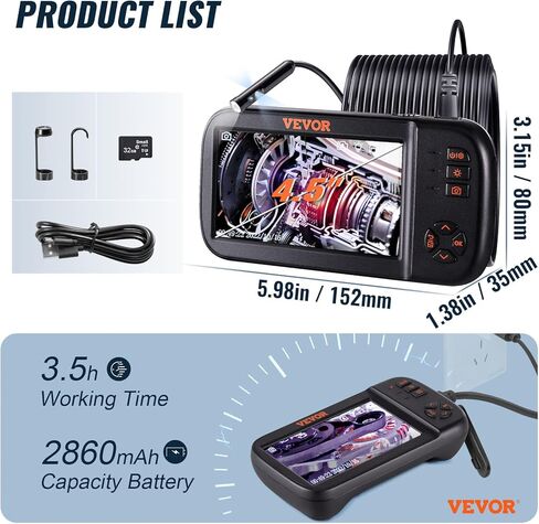 VEVOR 3 عدسة المنظار الصناعي، 1080P HD كاميرا التفتيش الرقمية Borescope 4.5 بوصة IPS شاشة IP67 كاميرا ثعبان مقاومة للماء مع 8 أضواء LED، كابل شبه صلب 16.5FT، بطاقة 32 جيجابايت وأداة مفيدة in Kuwait