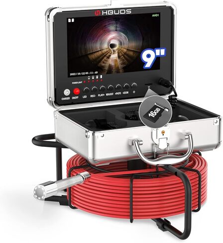 اتش بادز كاميرا الصرف الصحي، كاميرا تصريف، شاشة 9 انش HD للسباكة مع ضوء، كاميرا فحص الصرف الصحي مقاومة للماء IP68، كاميرات انابيب تصريف المدخنة مع مسجل فيديو رقمي للسباكة وصاحب المنزل (165 قدم) in Kuwait