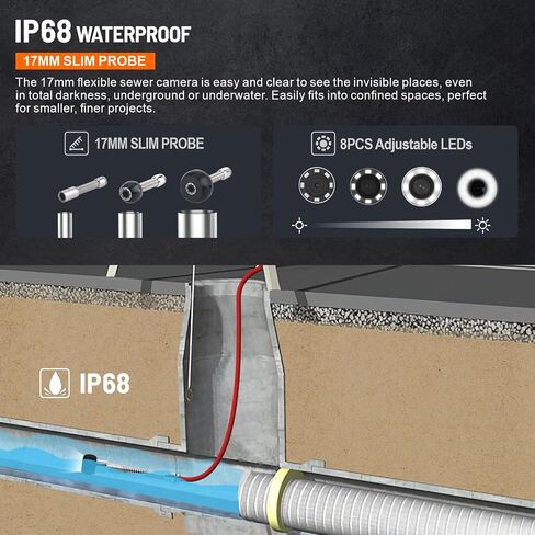 اتش بادز كاميرا الصرف الصحي، كاميرا تصريف، شاشة 9 انش HD للسباكة مع ضوء، كاميرا فحص الصرف الصحي مقاومة للماء IP68، كاميرات انابيب تصريف المدخنة مع مسجل فيديو رقمي للسباكة وصاحب المنزل (165 قدم) in Kuwait