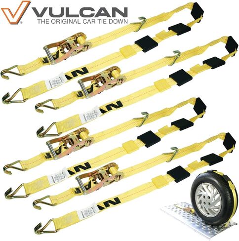 VULCAN Autohauler Car Tie Down with J Hooks - Sliding Idler 3-Cleat - 120 Inch, 4 Pack - Classic Yellow - 1,600 Pound Safe Working Load in Kuwait