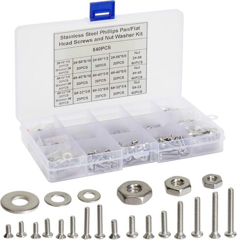 540 قطعة من مسامير فيليبس المصنوعة من الفولاذ المقاوم للصدأ ومسامير ذات رأس مسطح، وصواميل، وغسالات متنوعة (#2، 4، 6) in Kuwait