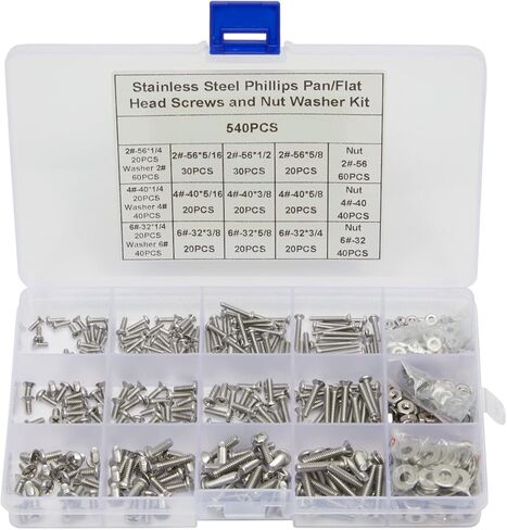 540 قطعة من مسامير فيليبس المصنوعة من الفولاذ المقاوم للصدأ ومسامير ذات رأس مسطح، وصواميل، وغسالات متنوعة (#2، 4، 6) in Kuwait