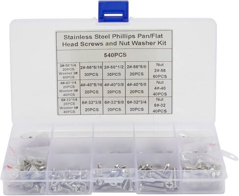 540 قطعة من مسامير فيليبس المصنوعة من الفولاذ المقاوم للصدأ ومسامير ذات رأس مسطح، وصواميل، وغسالات متنوعة (#2، 4، 6) in Kuwait