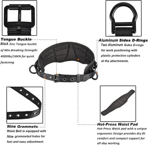 Tongue Buckle Body Belt With Hot-Pressing Waist Pad and 2 Side D-Rings Personal Protective Equipment Safety Harness | Waist Fitting Size 30'' to 45'' for Work Positioning, Restraint in Kuwait