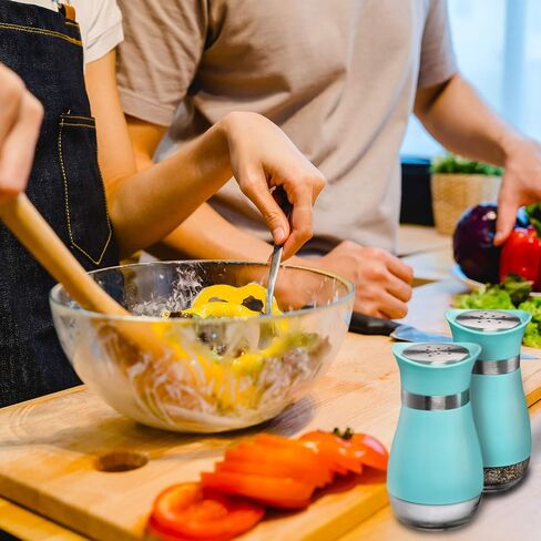 هزازات الملح والفلفل من MITBAK (مجموعة مكونة من قطعتين) أنيقة مع قاع زجاجي شفاف | الطبخ المدمج واستخدام المطبخ وغرفة الطعام | تصميم كلاسيكي قابل لإعادة التعبئة (أزرق) in Kuwait