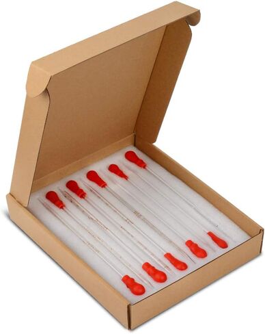 مجموعة ماصات قطارة زجاجية من StonyLab، مجموعة ماصات سميكة من زجاج البورسليكات لنقل السائل مع أغطية مطاطية حمراء للمختبر، مجموعة من 10 (متدرجة 0.5 مل، 1 مل، 2 مل، غير متدرجة 1 مل، 3 مل) in Kuwait