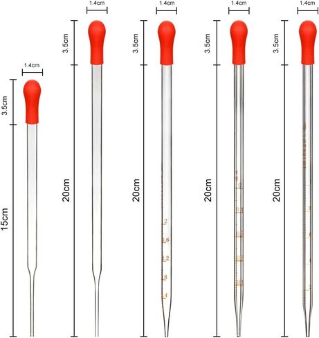 مجموعة ماصات قطارة زجاجية من StonyLab، مجموعة ماصات سميكة من زجاج البورسليكات لنقل السائل مع أغطية مطاطية حمراء للمختبر، مجموعة من 10 (متدرجة 0.5 مل، 1 مل، 2 مل، غير متدرجة 1 مل، 3 مل) in Kuwait