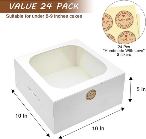 XINHPKGG 24 قطعة من علب الكيك مع نافذة: 10x10x5 بوصة صناديق خبز بيضاء، باستيل كاجاس للكيك، كب كيك، فطيرة، حزمة، معجنات، فراولة الشوكولاتة، الحلوى، الكوكيز in Kuwait