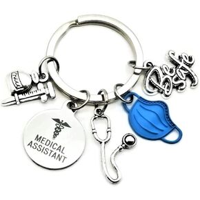 Kit's Kiss Medical Assistant Keychain MA Keychain Stethoscope Syringe Caduceus Medical Symbol Nursing School Graduation Medical Student Gift, Silver, Blue, Diameter of Key Ring : 1.2 inches (3 cm) in Kuwait