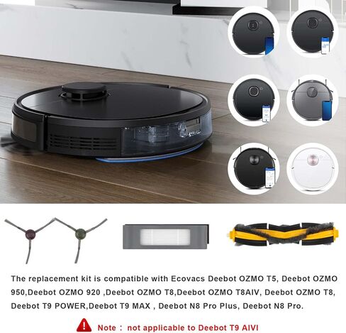 مجموعة ملحقات بديلة من ARyee متوافقة مع Ecovacs Deebot OZMO 950 T5 920 T8 T8AIV OZMO T8 T9 Power T9 MAX N8 Pro Plus N8 Pro Pro 1 فرشاة رئيسية واحدة، 3 مرشحات و4 فرش جانبية (8 قطع) in Saudi Arabia