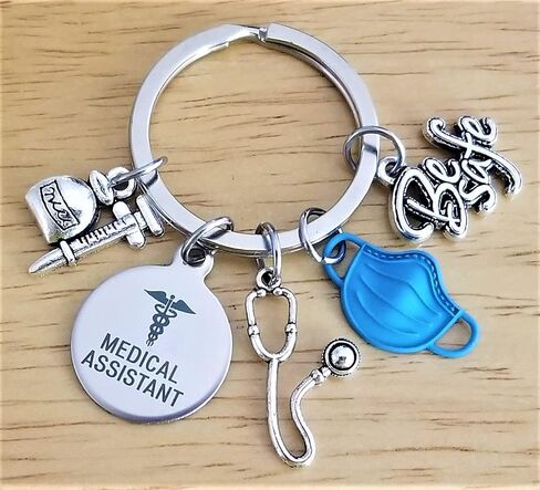 Kit's Kiss Medical Assistant Keychain MA Keychain Stethoscope Syringe Caduceus Medical Symbol Nursing School Graduation Medical Student Gift, Silver, Blue, Diameter of Key Ring : 1.2 inches (3 cm) in Saudi Arabia