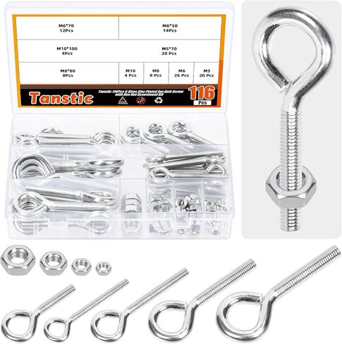 116 قطعة مسمار عين من Tanstic مع مجموعة متنوعة من الصواميل، M5 M6 M8 M10 مطلي بالزنك من الفولاذ الكربوني ومسامير براغي مع صواميل سداسية in Kuwait