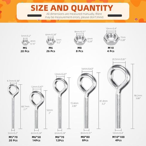 116 قطعة مسمار عين من Tanstic مع مجموعة متنوعة من الصواميل، M5 M6 M8 M10 مطلي بالزنك من الفولاذ الكربوني ومسامير براغي مع صواميل سداسية in Kuwait