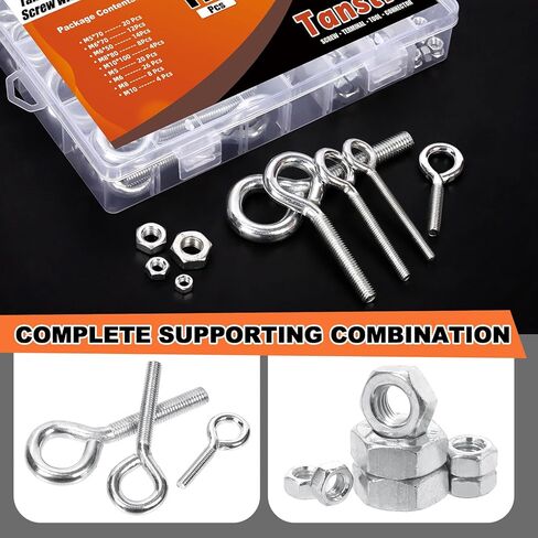 116 قطعة مسمار عين من Tanstic مع مجموعة متنوعة من الصواميل، M5 M6 M8 M10 مطلي بالزنك من الفولاذ الكربوني ومسامير براغي مع صواميل سداسية in Kuwait