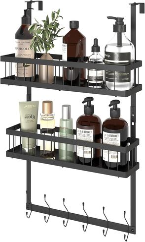 علاقات باب قابلة للتعديل من هزوانيري، رف مناشف قابل للتعديل مع 6 خطافات معطف وسلتي شبكية، منظم يثبت على الباب للحمام وغرفة النوم والمطبخ والمكتب، سهل التجميع، اسود ODH03701B in Kuwait