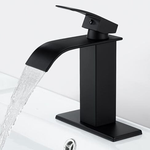 Solepearl Matte Black Waterfall Bathroom Faucet, Modern Flat Mouth Single Handle 1 or 3 Hole Lavatory Basin Vanity Sink Faucets with Deck Mount Plate, Vessel Faucet Washbasin Mixer Tap Solid Brass in Saudi Arabia