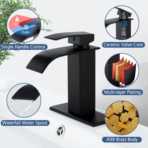 Solepearl Matte Black Waterfall Bathroom Faucet, Modern Flat Mouth Single Handle 1 or 3 Hole Lavatory Basin Vanity Sink Faucets with Deck Mount Plate, Vessel Faucet Washbasin Mixer Tap Solid Brass in Saudi Arabia