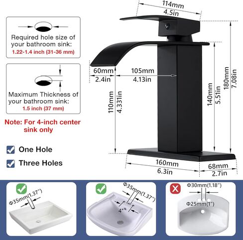 Solepearl Matte Black Waterfall Bathroom Faucet, Modern Flat Mouth Single Handle 1 or 3 Hole Lavatory Basin Vanity Sink Faucets with Deck Mount Plate, Vessel Faucet Washbasin Mixer Tap Solid Brass in Saudi Arabia