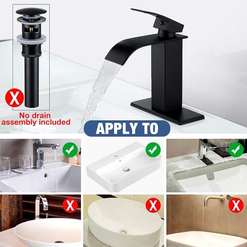 Solepearl Matte Black Waterfall Bathroom Faucet, Modern Flat Mouth Single Handle 1 or 3 Hole Lavatory Basin Vanity Sink Faucets with Deck Mount Plate, Vessel Faucet Washbasin Mixer Tap Solid Brass in Saudi Arabia