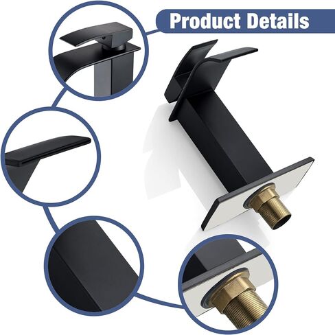 Solepearl Matte Black Waterfall Bathroom Faucet, Modern Flat Mouth Single Handle 1 or 3 Hole Lavatory Basin Vanity Sink Faucets with Deck Mount Plate, Vessel Faucet Washbasin Mixer Tap Solid Brass in Saudi Arabia