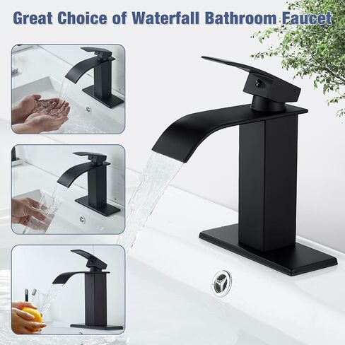 Solepearl Matte Black Waterfall Bathroom Faucet, Modern Flat Mouth Single Handle 1 or 3 Hole Lavatory Basin Vanity Sink Faucets with Deck Mount Plate, Vessel Faucet Washbasin Mixer Tap Solid Brass in Saudi Arabia