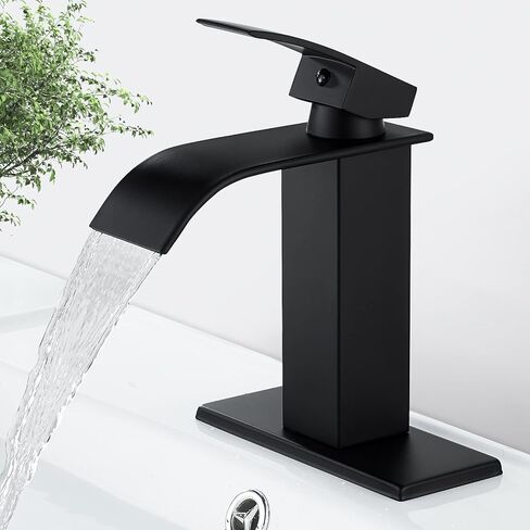 Solepearl Matte Black Waterfall Bathroom Faucet, Modern Flat Mouth Single Handle 1 or 3 Hole Lavatory Basin Vanity Sink Faucets with Deck Mount Plate, Vessel Faucet Washbasin Mixer Tap Solid Brass in Saudi Arabia