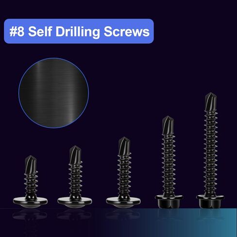 AOCORRY #8 مجموعة متنوعة من مسامير التنصت الذاتية، 190 قطعة من مسامير التنصت الذاتية برأس تروس معدلة، 410 براغي من الفولاذ المقاوم للصدأ للحفر الذاتي مجموعة متنوعة من براغي Tek المعدنية، 5 أحجام، أكسيد أسود in Kuwait