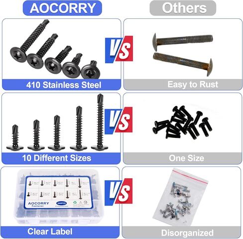 AOCORRY #8 مجموعة متنوعة من مسامير التنصت الذاتية، 190 قطعة من مسامير التنصت الذاتية برأس تروس معدلة، 410 براغي من الفولاذ المقاوم للصدأ للحفر الذاتي مجموعة متنوعة من براغي Tek المعدنية، 5 أحجام، أكسيد أسود in Kuwait