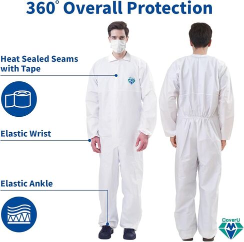 Medtecs Hazmat Suits - 6 Sizes Options (1 PC) - with Sealed Tape - AAMI Level 4 Disposable Coverall PPE Suit for Biohazard Chemical Protection - CoverU Full Body Protective Clothing with Hood | L in Kuwait