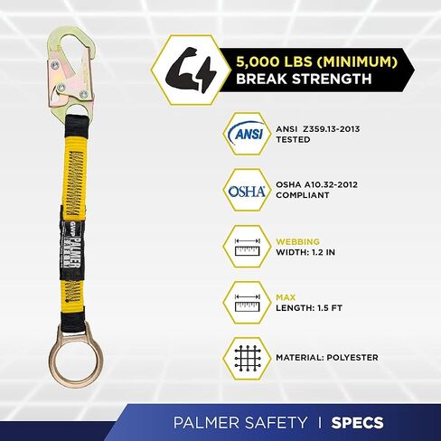 جهاز حماية من السقوط بحلقة على شكل حرف D مقاس 45.72 سم من Palmer Safety مع خطاف كبس مقاس 3/4 بوصة وحلقة على شكل حرف D، وحزام من البوليستر مع واقي من الشوائب، متوافق مع OSHA/ANSI in Kuwait