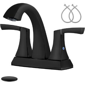 Bathroom Faucet Brushed Nickel, 2 Handles Low Arc Bathroom Sink Faucets, 4 Inch Centerset Bathroom Lavatory Faucets, Bathroom Faucets Set with Pop-up Drain & Faucet Supply Lines (BN)