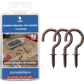 خطافات أكواب برونزية مطاطية مقاس 7/8 بوصة من EIENHOSHI - عبوة من 60 خطافًا لولبيًا لتعليق الأشياء، وخطافات سقف صغيرة رائعة للاستخدام الداخلي والخارجي in Kuwait