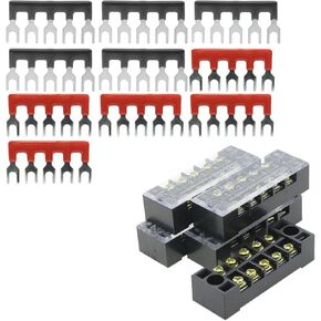YXQ 600V 15A 6 Positions Double Row Screw Terminal Barrier Strip Block and 15A 6 Positions (5+5) Red Black Pre-Insulated Fork Type Jumper Strip