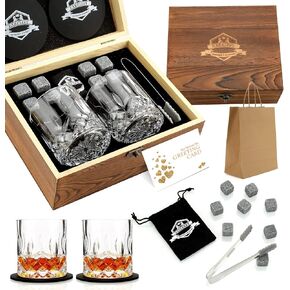 Whiskey Stones Gift Set - Whiskey Glass Set of 2 - Granite Chilling Whiskey Rocks - Scotch Bourbon Box Set - Best Drinking Gifts for Men Dad Husband Birthday Party Holiday Present in Saudi Arabia