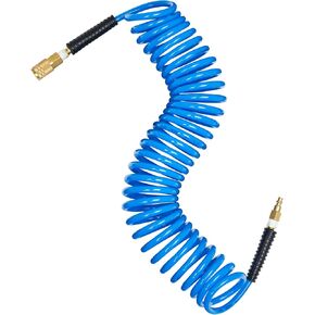 DEWENWILS 1/4 in x 10ft Polyurethane Recoil Air Hose with Fittings Compressor Hose and Bend Restrictor with 1/4 in Industrial NPT Coupler and Plug Kit, Wear Resistant PU Air Hose, Blue