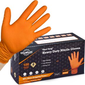TitanFlex Thor Grip Heavy Duty Industrial Orange Nitrile Gloves with Raised Diamond Texture, 8-mil, Latex Free, 100-ct Box