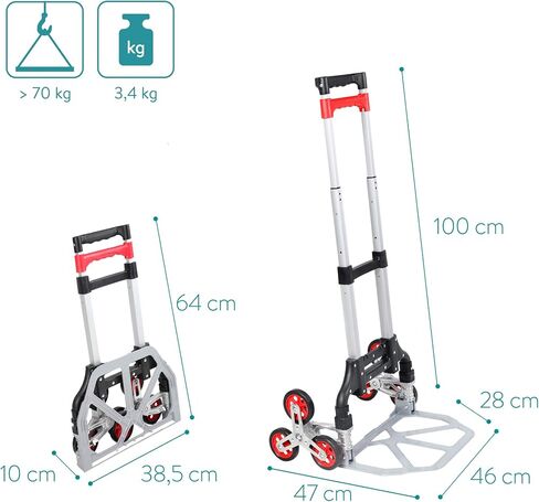 Navaris Stair Climbing Dolly Cart - Lightweight Foldable Aluminum Hand Truck with Climber Wheels for Stairs - 154lbs Capacity - Includes Bungee Cord in Saudi Arabia
