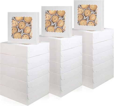 بيركور 20 قطعة 8 × 8 × 2.5 انش من الورق المقوى الابيض صناديق المخبوزات وصناديق المعجنات وصناديق الكيك مع نافذة شفافة للبسكويت والدونات والشوكولاتة والفطائر in Kuwait