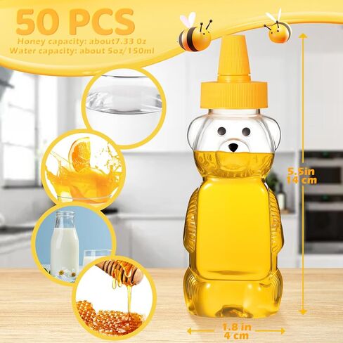 Roshtia 50 Pcs 5 oz Honey Bear Bottles Plastic Empty Clear Squeeze Honey Container Cups Bear Reusable Juice Bottle Bulk with Leak Proof Spout Lids for Storing Dispensing Baby Shower Gifts in Kuwait