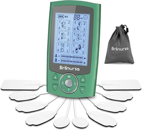 وحدة TENS EMS ثنائية القناة من Brilnurse، 24 وضعًا، محفز العضلات بكثافة 30 مستوى لتخفيف الألم، مدلك نبض جهاز TENS صغير قابل لإعادة الشحن مع 10 وسادات/حقيبة تخزين/روابط كابل (أخضر) in Kuwait