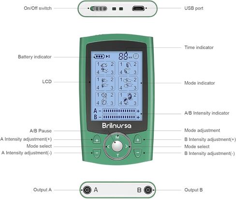 وحدة TENS EMS ثنائية القناة من Brilnurse، 24 وضعًا، محفز العضلات بكثافة 30 مستوى لتخفيف الألم، مدلك نبض جهاز TENS صغير قابل لإعادة الشحن مع 10 وسادات/حقيبة تخزين/روابط كابل (أخضر) in Kuwait