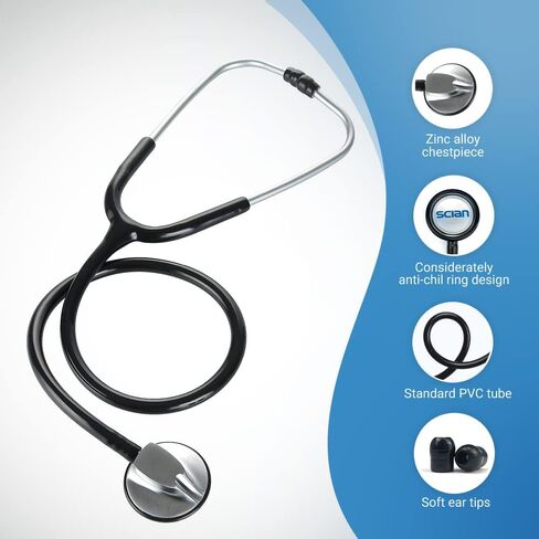 سماعة الطبيب SCIAN - طب القلب الكلاسيكي ذو الرأس الواحد للاستخدام الطبي والسريري، قطعة صدر فضية خفيفة الوزن مناسبة للممرضات والرجال والنساء والأطفال الرضع (أسود) in Kuwait