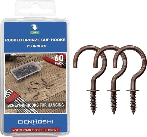 خطافات أكواب برونزية مطاطية مقاس 7/8 بوصة من EIENHOSHI - عبوة من 60 خطافًا لولبيًا لتعليق الأشياء، وخطافات سقف صغيرة رائعة للاستخدام الداخلي والخارجي in Kuwait