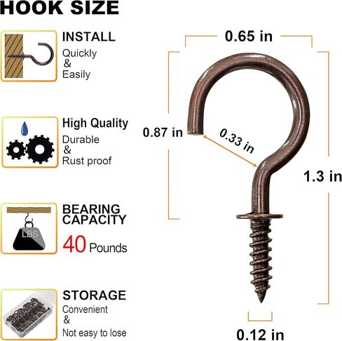 خطافات أكواب برونزية مطاطية مقاس 7/8 بوصة من EIENHOSHI - عبوة من 60 خطافًا لولبيًا لتعليق الأشياء، وخطافات سقف صغيرة رائعة للاستخدام الداخلي والخارجي in Kuwait