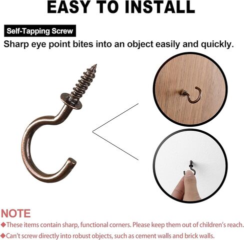 خطافات أكواب برونزية مطاطية مقاس 7/8 بوصة من EIENHOSHI - عبوة من 60 خطافًا لولبيًا لتعليق الأشياء، وخطافات سقف صغيرة رائعة للاستخدام الداخلي والخارجي in Kuwait