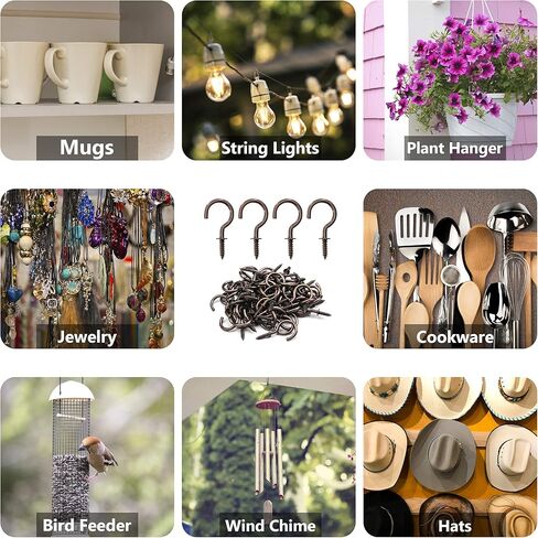 خطافات أكواب برونزية مطاطية مقاس 7/8 بوصة من EIENHOSHI - عبوة من 60 خطافًا لولبيًا لتعليق الأشياء، وخطافات سقف صغيرة رائعة للاستخدام الداخلي والخارجي in Kuwait